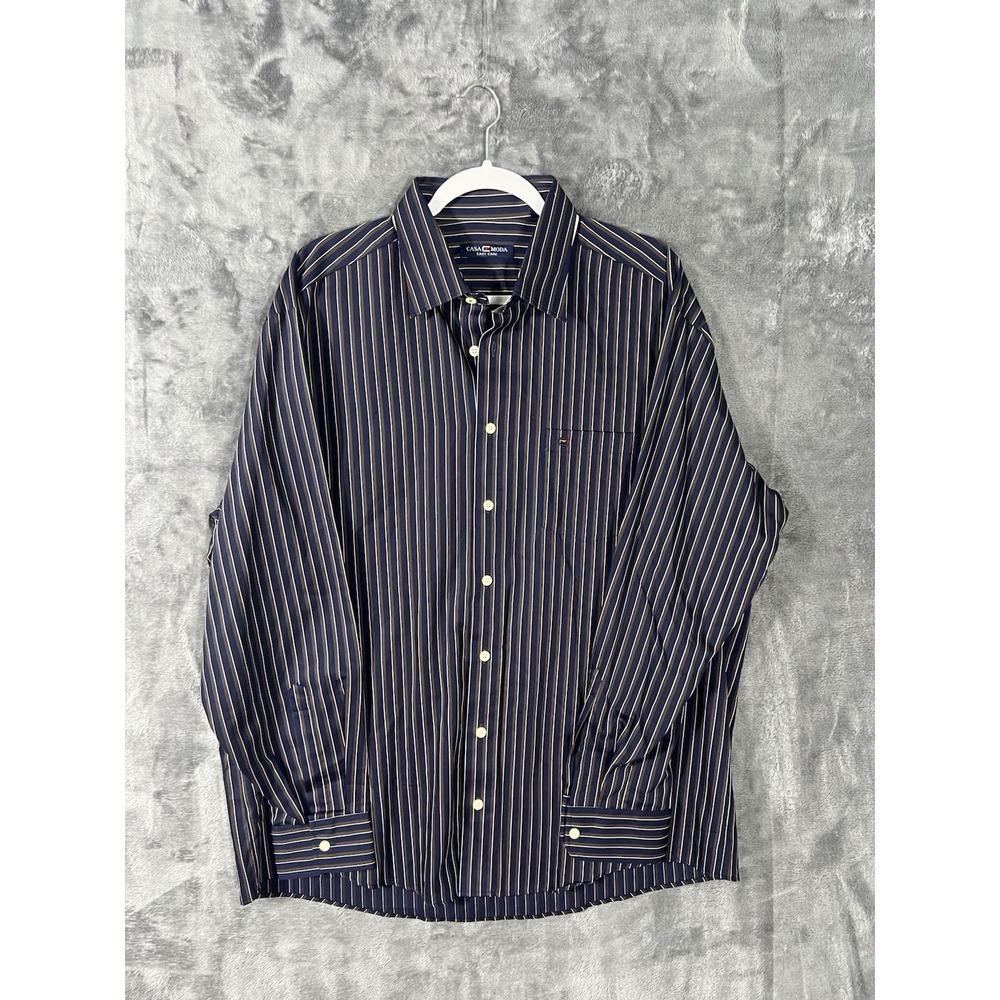Casa Moda Mens XL Navy Blue Brown Striped Long Slv Button Down Shirt Easy Care